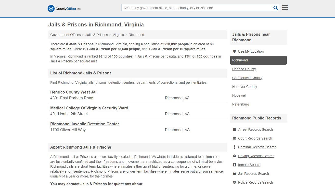 Jails & Prisons - Richmond, VA (Inmate Rosters & Records) - County Office